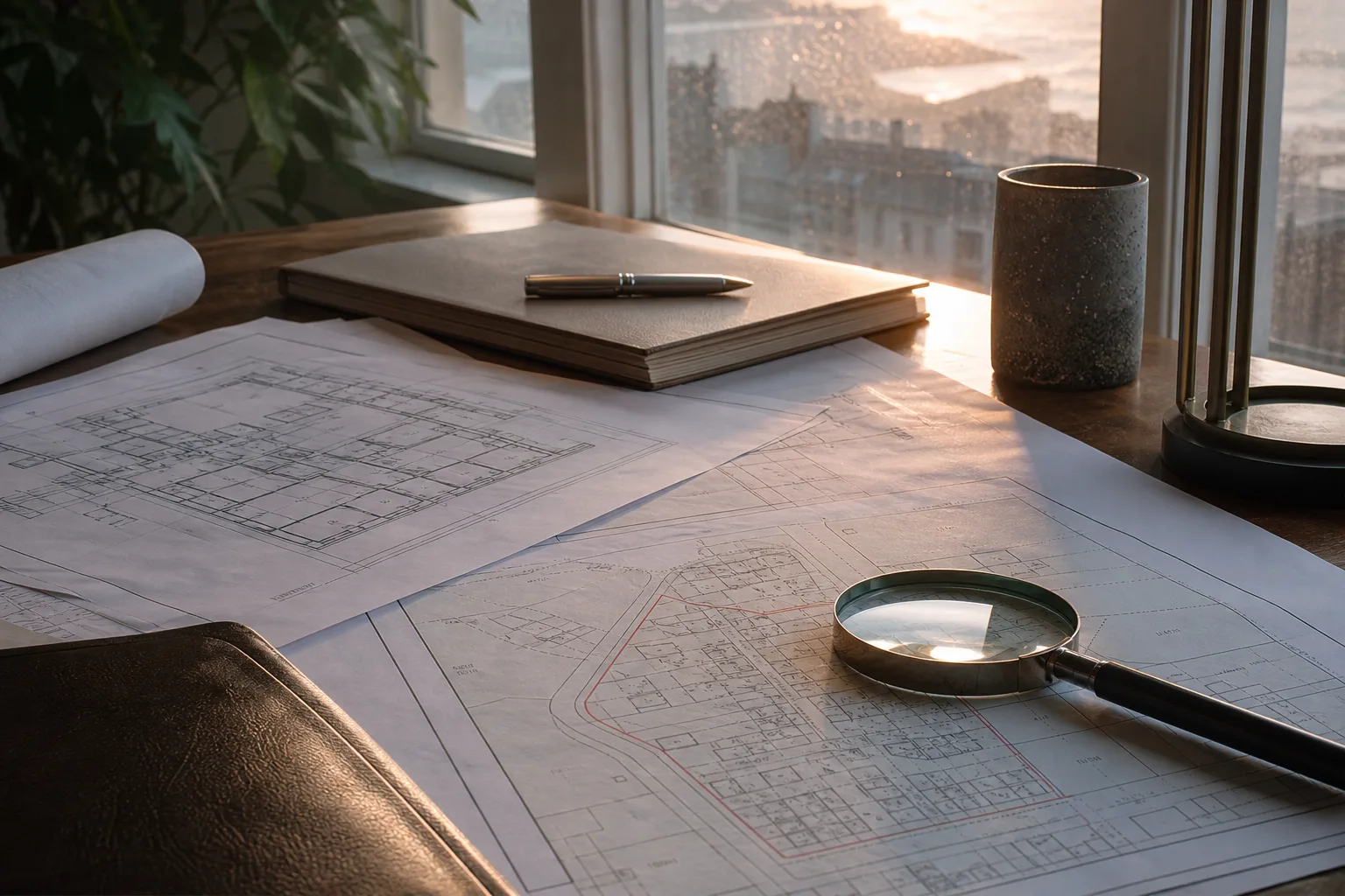 Architectural plans and magnifying glass on a desk