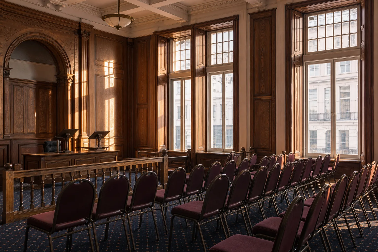 Empty oak-panelled auction room with lecterns and folding chairs