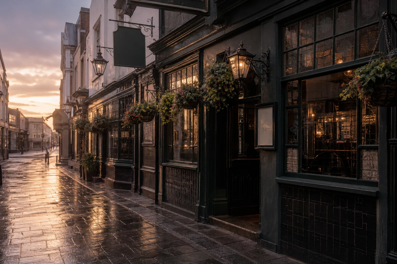 Traditional pub frontage in The Lanes after rain